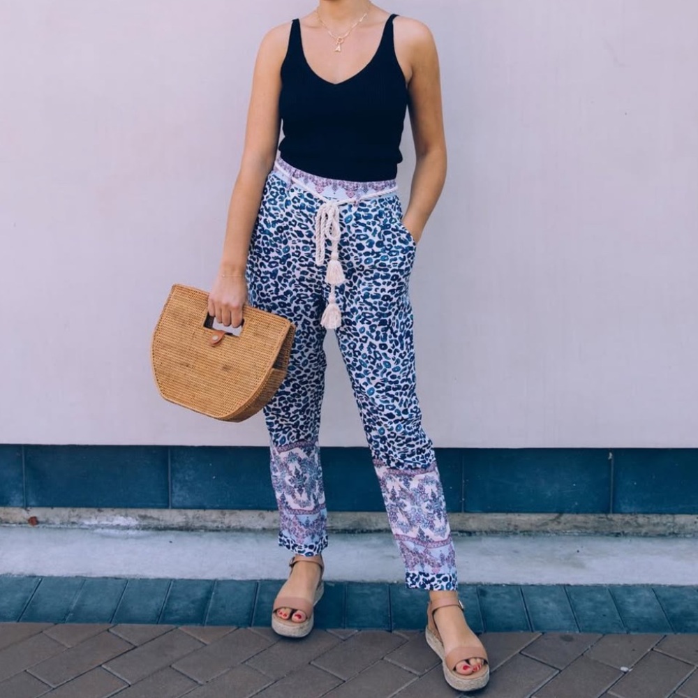 Ollari Anthropologie Leopard Print Tassel Lightweight Boho Tapered Pants - Picture 5 of 10